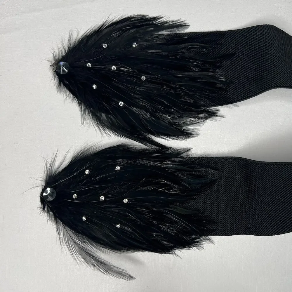 Vintage 90s Size Medium Large Black Feather Rhinestone Belt Wide Stretch Cinch